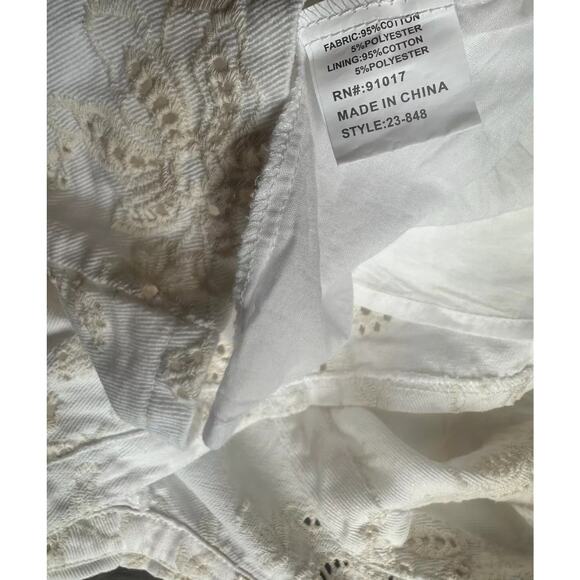 Solitaire Women Denim Dress S White Floral Belted Short Sleeve w/ Pockets - Picture 16 of 16